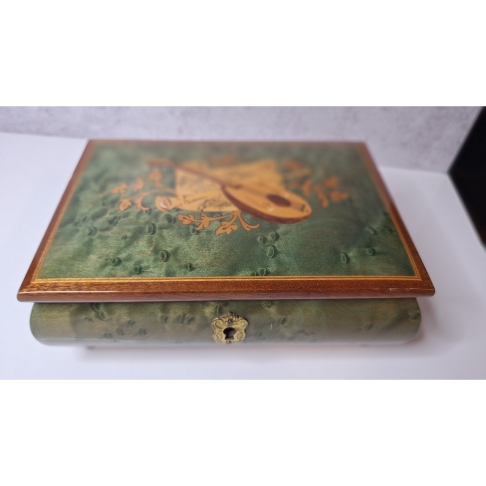 Wood Jewelry Music Box with Inlaid Mandolin Design, Italian Craftsmanship - Picture 2 of 7